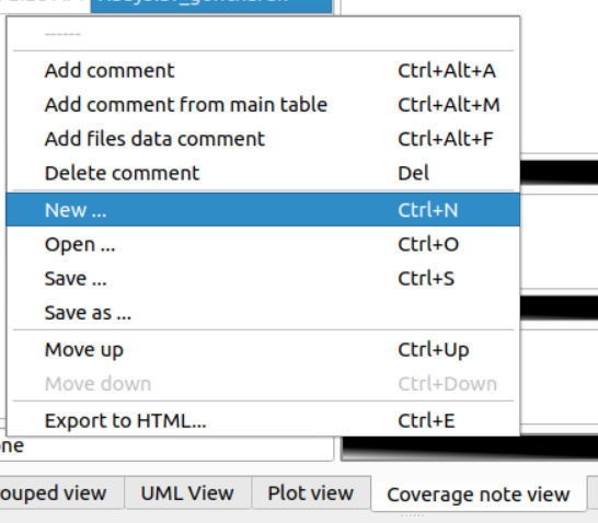 Screenshot of the coverage note view context menu item that allows to create a new coverage note