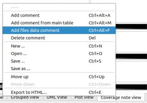Screenshot of the coverage note view context menu item to add a files data coverage note item