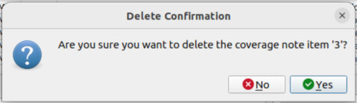 Screenshot of the coverage note item deletion confirmation dialog