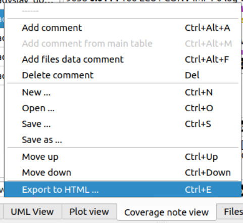 Screenshot of the coverage note view context menu item that allows to export a coverage note to the HTML file