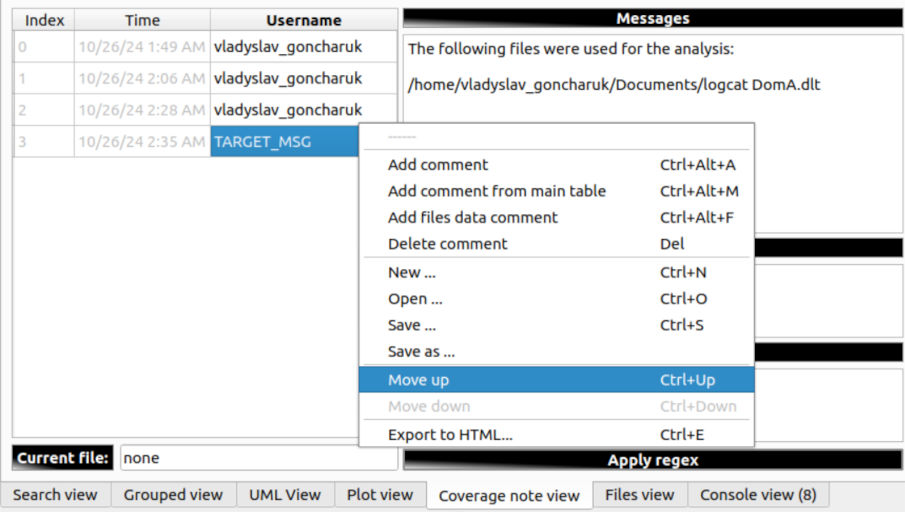 Screenshot of the context menu item to move the target coverage note item up