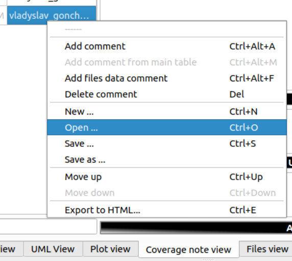 Screenshot of the coverage note view context menu item that allows to open a coverage note file