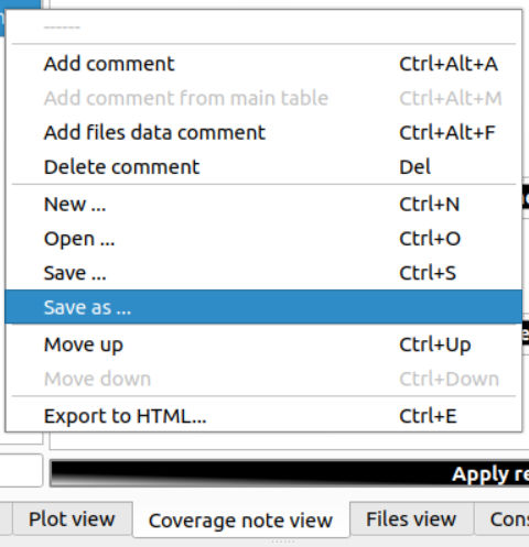 Screenshot of the coverage note view context menu item that allows to save a coverage note to a new file