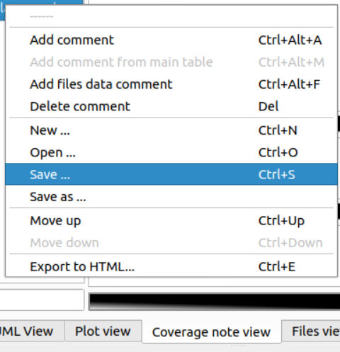 Screenshot of the coverage note view context menu item that allows to save a coverage note file