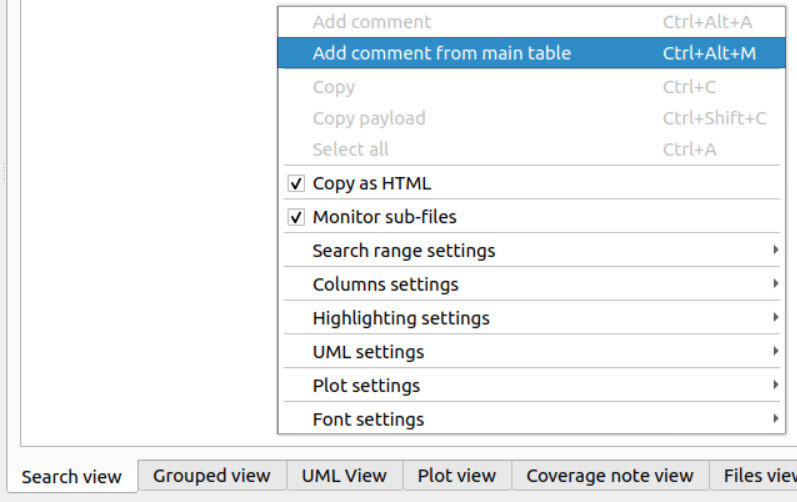 Screenshot of the context menu in the search view that allows you to add the coverage note item to the coverage note from the main dlt-viewer's table