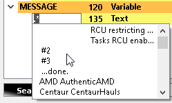 Screenshot of the completion list for "MESSAGE" var