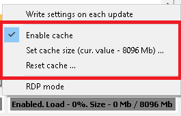 Screenshot of in-RAM cache context menu