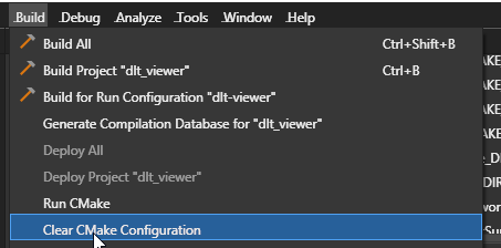 Screenshot of "Clear CMake configuration" option in the Qt Creator