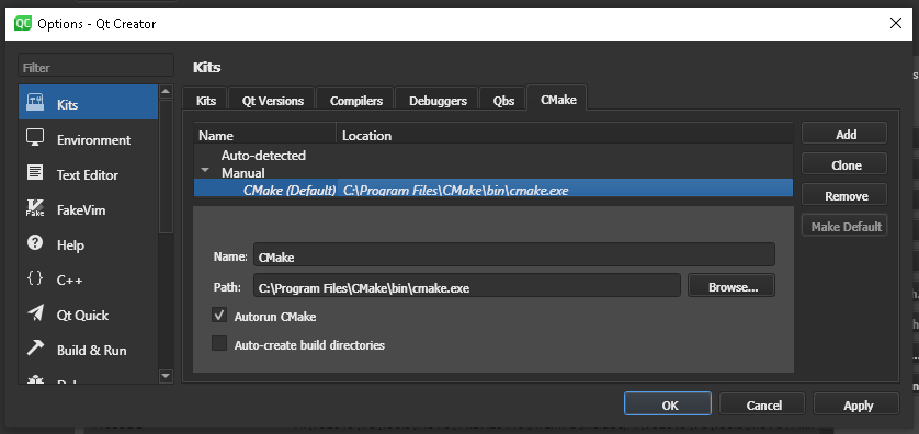 Screenshot of "Specify CMake location" menu in QT Creator