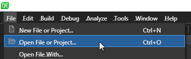 Screenshot of "Open project" context menu in the Qt Creator