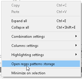 Screenshot of "Open regex patterns storage" context-menu