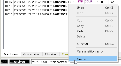 Screenshot of regex input field's context menu with the selected "Save ..." option