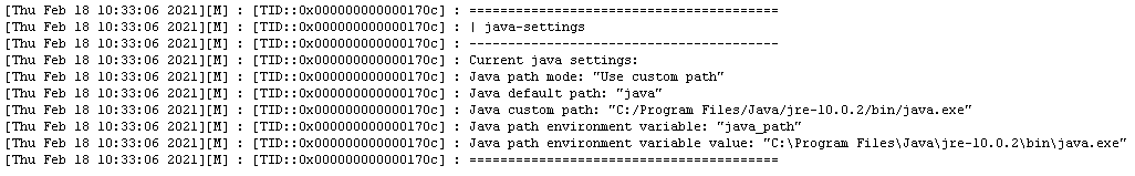 Screenshot of the java settings dump