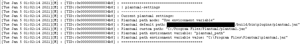 Screenshot of the plantuml settings dump