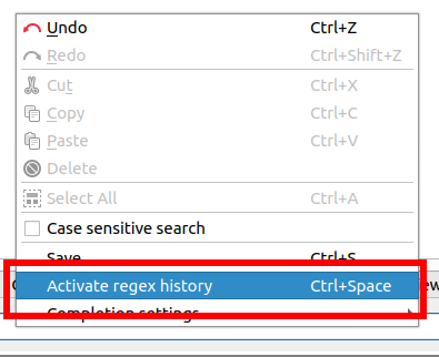 Screenshot of the regex history feature activation from the context menu