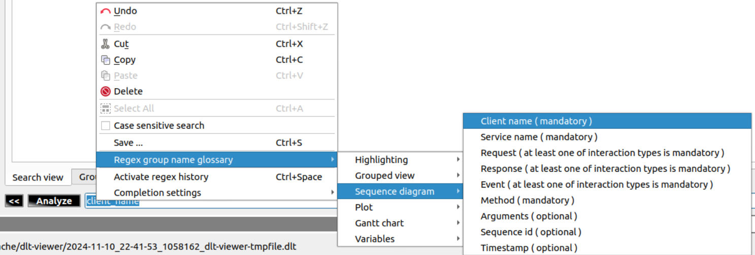 Screenshot of the regex group name glossary context menu feature item selection