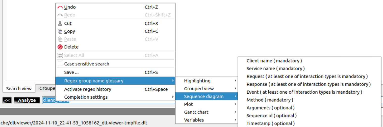 Screenshot of the regex group name glossary context menu feature items