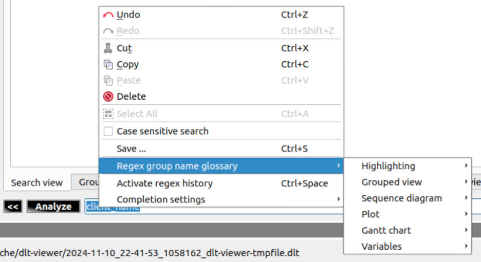 Screenshot of the regex group name glossary context menu features