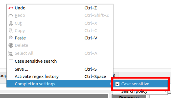 Screenshot of the regex history case sensitive search option