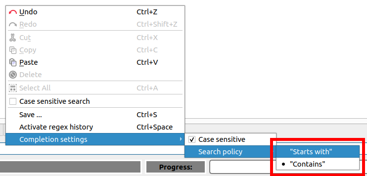 Screenshot of the regex history search strategy option