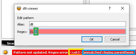 Screenshot of the attempt to save the regex which contains the error