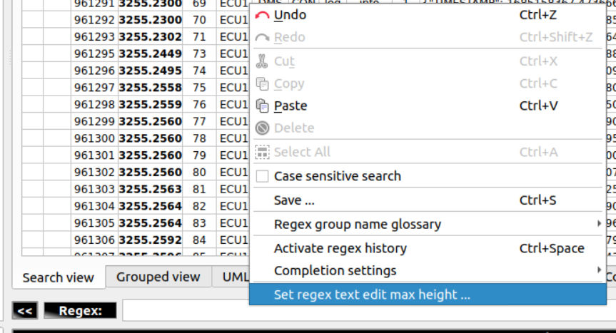 Screenshot of the 'set regex text edit max-height' context menu item