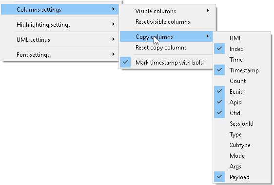 Screenshot of the "Copy columns" context menu