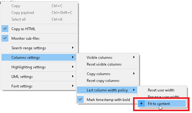 Screenshot of the "Last visible column width strategy" items in the plugin's context menu tree