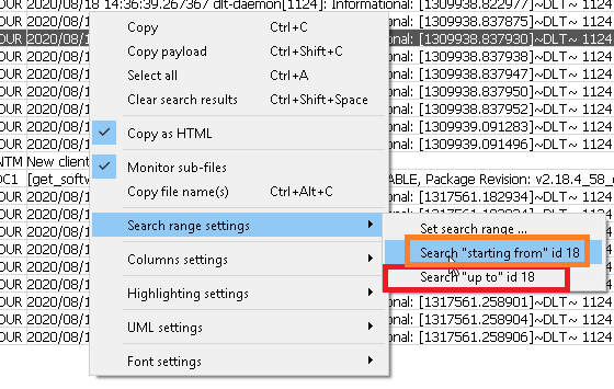 Screenshot of the "Lock search range by single row" part of the context menu