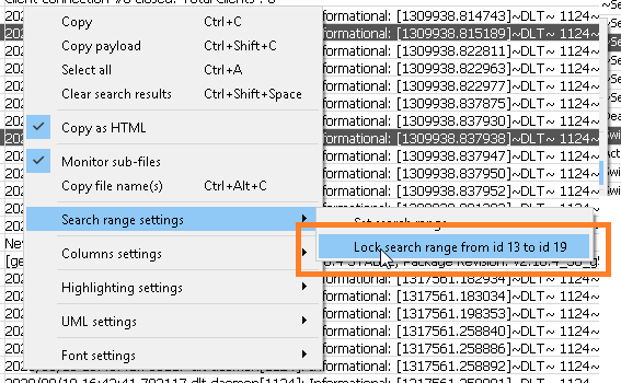 Screenshot of the "Lock search range by two rows" part of the context menu