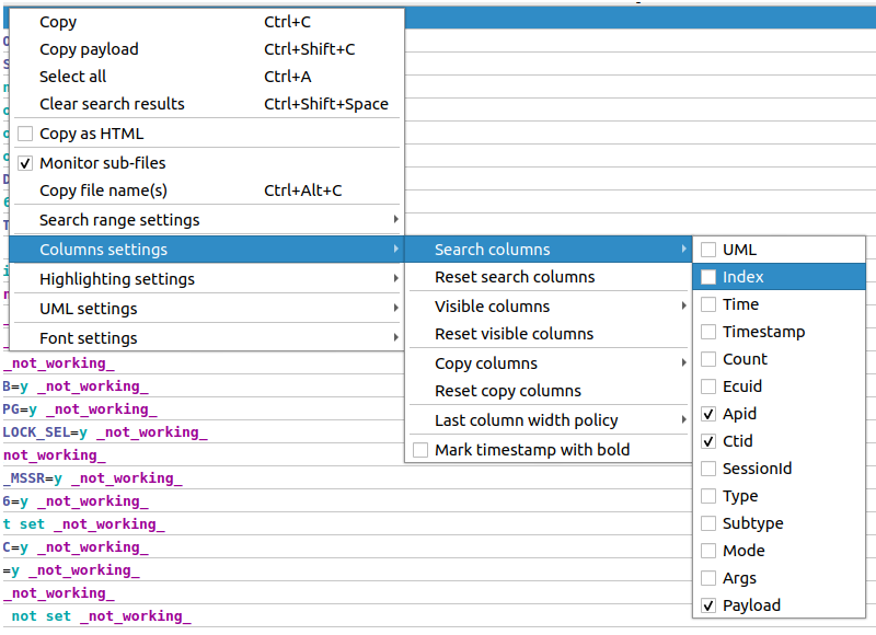 Screenshot of the "Search columns" context menu