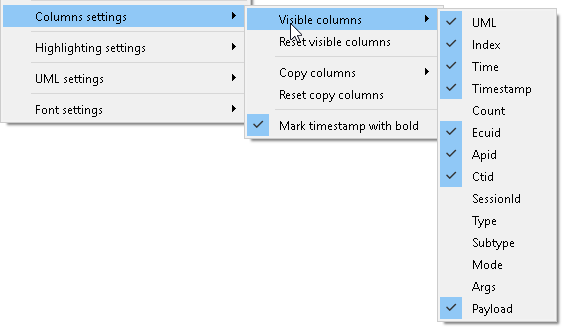 Screenshot of the "Visible columns" context menu