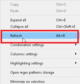 Screenshot of the "Refresh" context-menu item